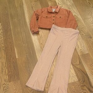 Nicole Miller Girls Rust Corduroy Jacket with Tan Houndstooth Flare Pants